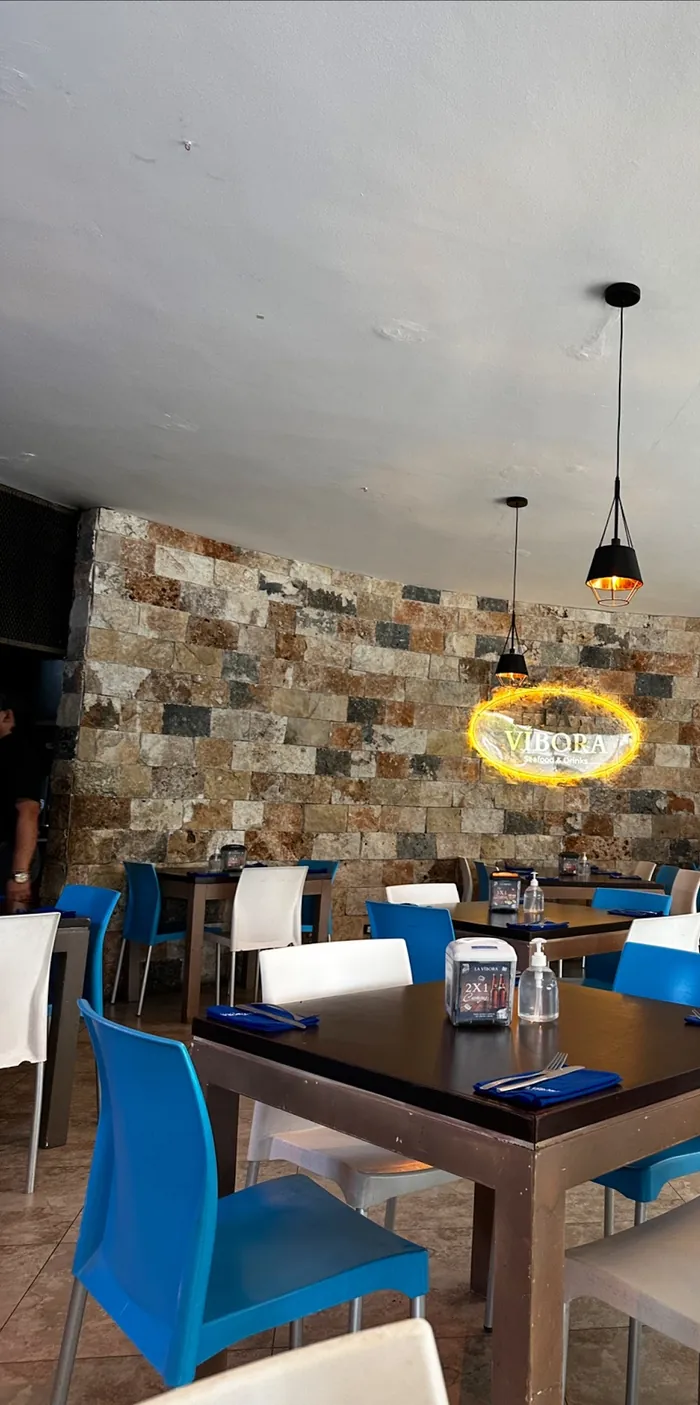 Salón con muro de piedra, letrero de neón de La Víbora y sillas azules